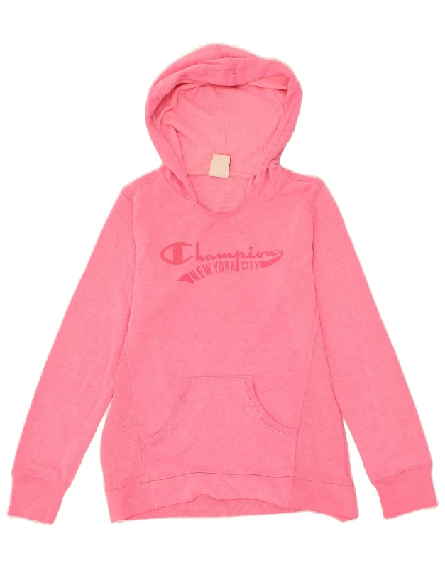 CHAMPION Womens Graphic Hoodie Jumper UK 14 Large Pink Cotton