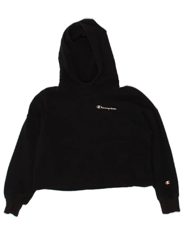 CHAMPION Womens Oversized Graphic Crop Hoodie Jumper UK 6 XS Black Cotton Hoodie with Snap Buttons Easy Quick CHAMPION Womens Oversized Graphic Crop Hoodie Jumper UK 6 XS Black Cotton Hoodie with Snap Buttons Easy Quick