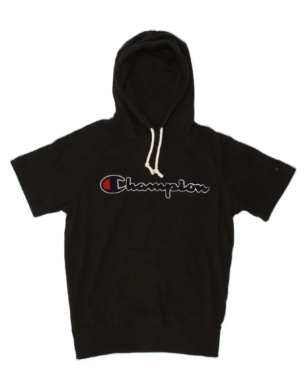 CHAMPION Womens Oversized Graphic Short Sleeve Hoodie Jumper UK 6 XS Black Hoodie with Button Placket Classic Preppy CHAMPION Womens Oversized Graphic Short Sleeve Hoodie Jumper UK 6 XS Black Hoodie with Button Placket Classic Preppy