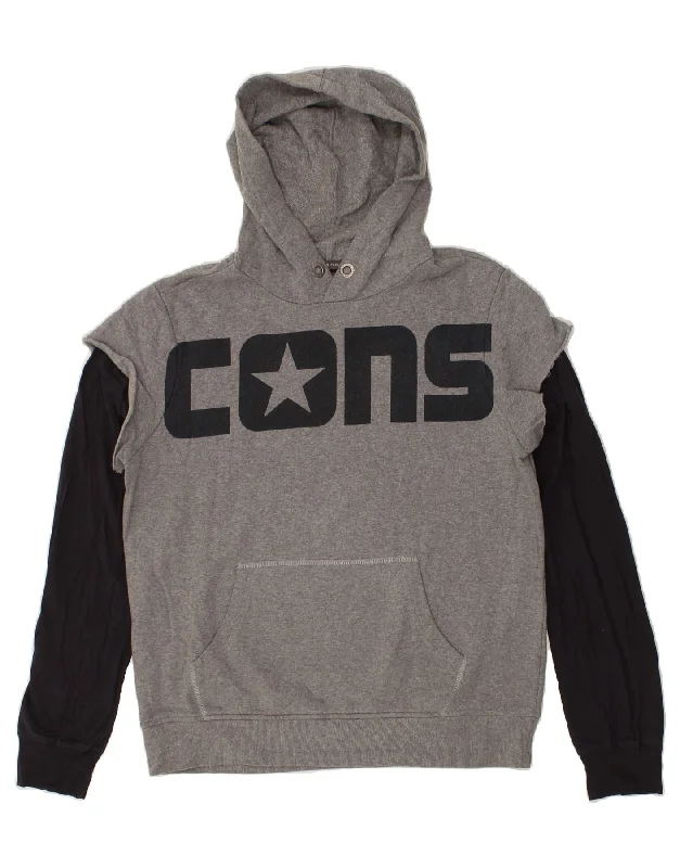 CONVERSE Mens Graphic Hoodie Jumper Medium Grey Colourblock Cotton