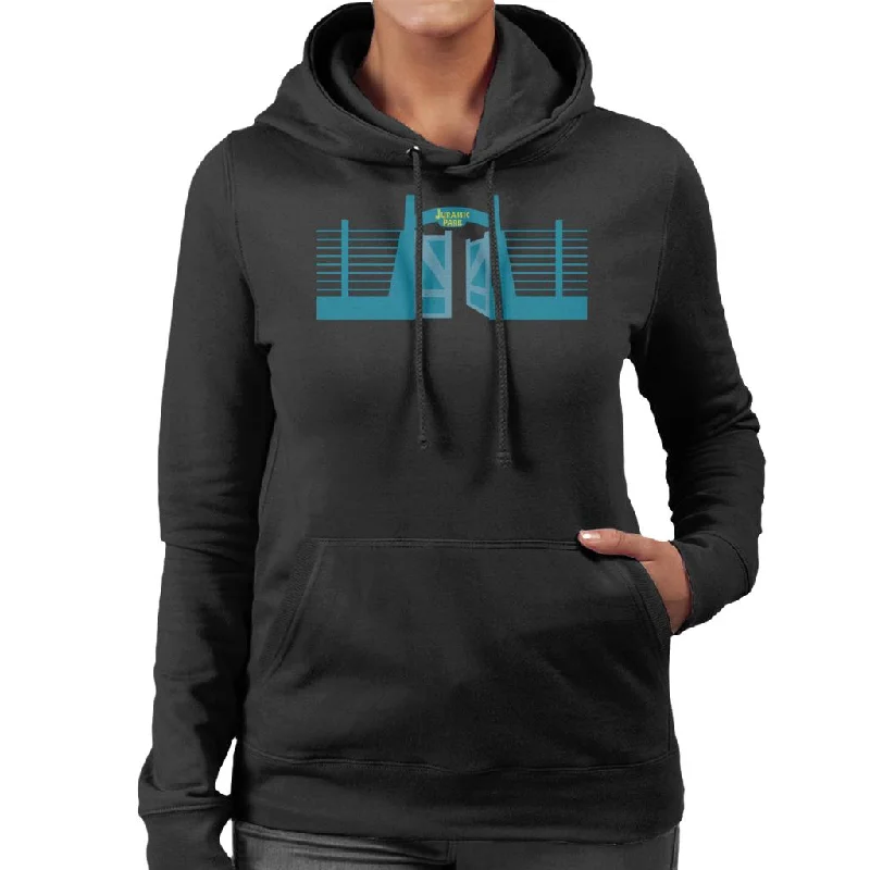 Jurassic Park Entrance Open Gate Women's Hooded Sweatshirt Hoodie with Exposed Zipper Edgy Industrial Jurassic Park Entrance Open Gate Women's Hooded Sweatshirt Hoodie with Exposed Zipper Edgy Industrial