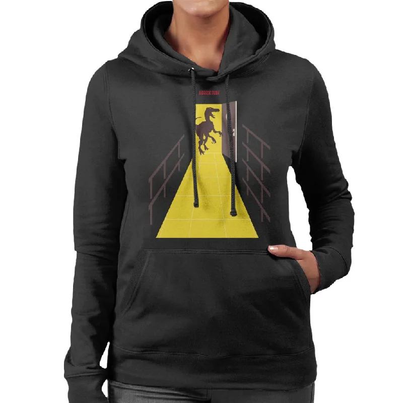 Jurassic Park Velociraptor Opening Door Women's Hooded Sweatshirt Hoodie with Hem Applique Textured Unique Jurassic Park Velociraptor Opening Door Women's Hooded Sweatshirt Hoodie with Hem Applique Textured Unique