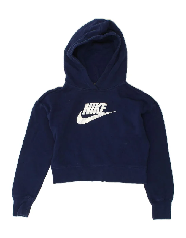 NIKE Girls Crop Graphic Hoodie Jumper 12-13 Years Large Navy Blue Cotton Hoodie with Neon Bright Vibrant NIKE Girls Crop Graphic Hoodie Jumper 12-13 Years Large Navy Blue Cotton Hoodie with Neon Bright Vibrant