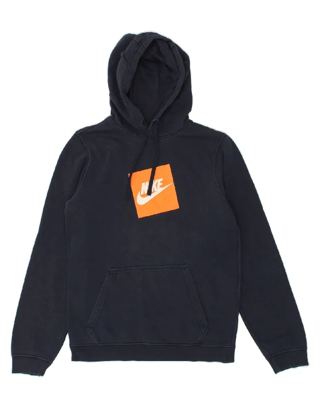 NIKE Mens Graphic Hoodie Jumper Small Navy Blue Cotton