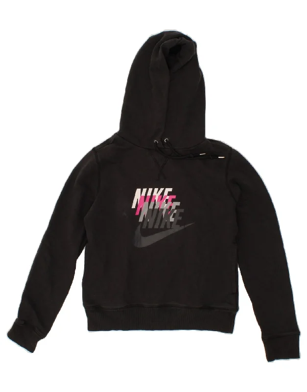 NIKE Womens Crop Graphic Hoodie Jumper UK 10/12 Medium Black Cotton