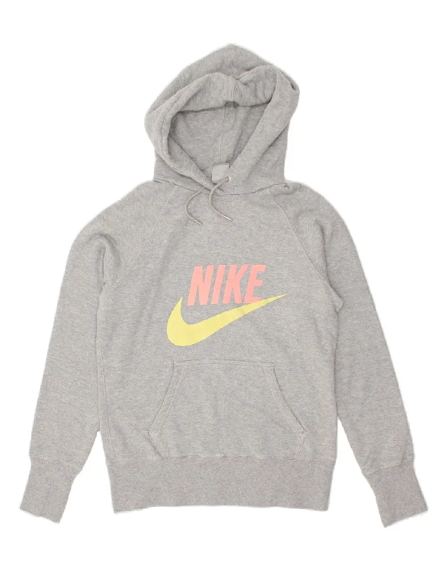 NIKE Womens Graphic Hoodie Jumper UK 16 Large Grey Cotton