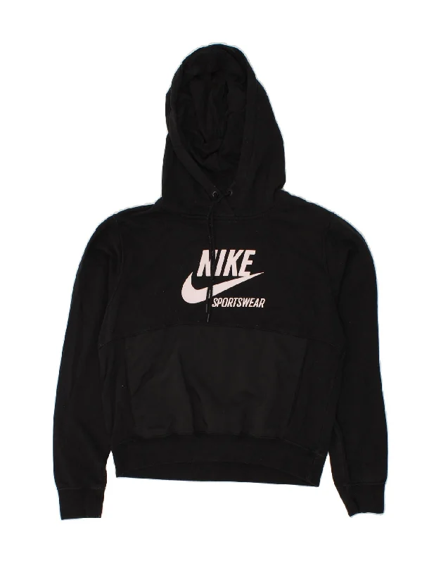 NIKE Womens Oversized Graphic Crop Hoodie Jumper UK 6 XS Black Cotton