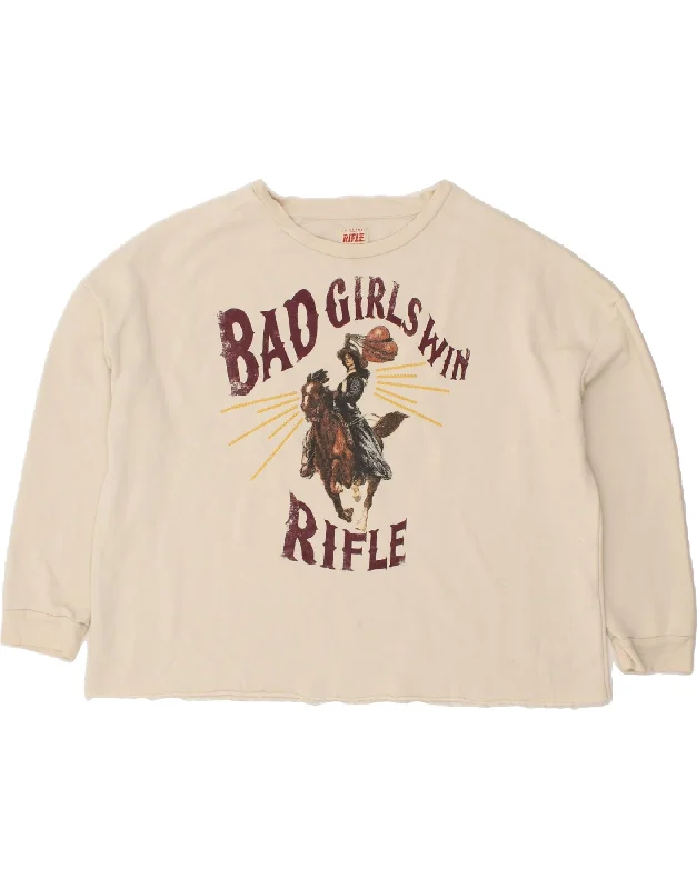 RIFLE Womens Oversized Graphic Sweatshirt Jumper UK 18 XL Beige Cotton Hoodie with Set-In Sleeves Structured Classic RIFLE Womens Oversized Graphic Sweatshirt Jumper UK 18 XL Beige Cotton Hoodie with Set-In Sleeves Structured Classic