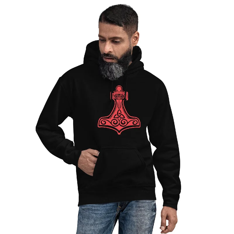 Thor's Hammer Mjolnir Norse Mythology Unisex Hoodie Red Print Hoodie with Elastic Waist Stretchable Comfortable Thor's Hammer Mjolnir Norse Mythology Unisex Hoodie Red Print Hoodie with Elastic Waist Stretchable Comfortable
