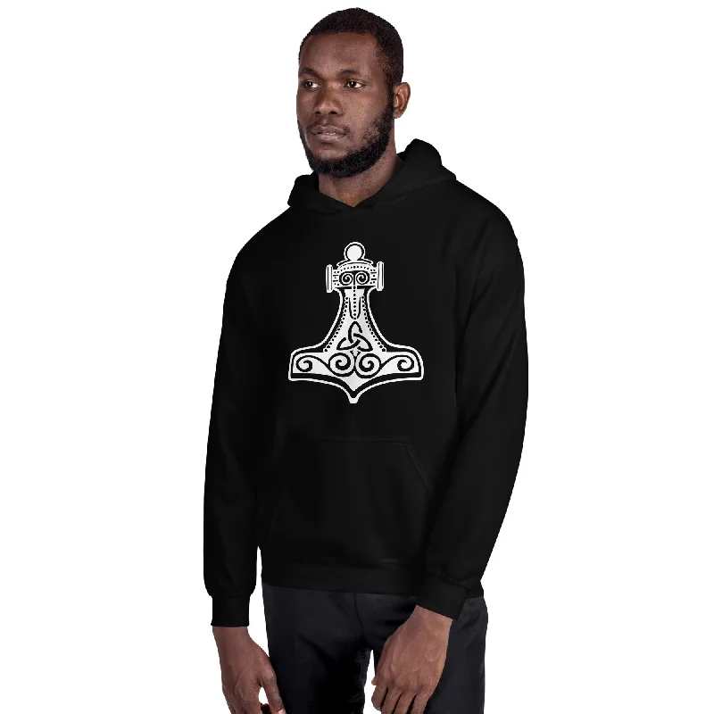 Thor's Hammer Mjolnir Norse Mythology Unisex Hoodie Sweatshirt White Print Hoodie with Hem Detail Decorative Unique Thor's Hammer Mjolnir Norse Mythology Unisex Hoodie Sweatshirt White Print Hoodie with Hem Detail Decorative Unique