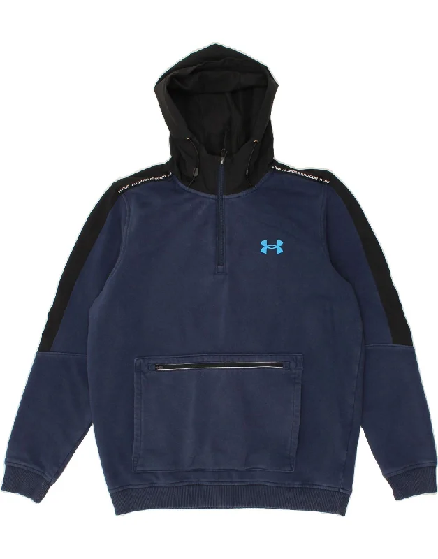 UNDER ARMOUR Mens Zip Neck Hoodie Jumper Medium Navy Blue Cotton