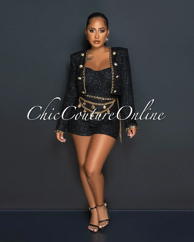 Arsenio Black Gold Link Tweed Romper w Jacket Set