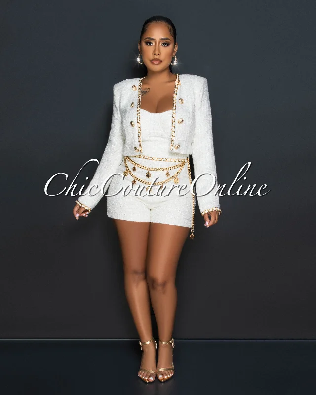 Arsenio Cream Gold Link Tweed Romper w Jacket Set