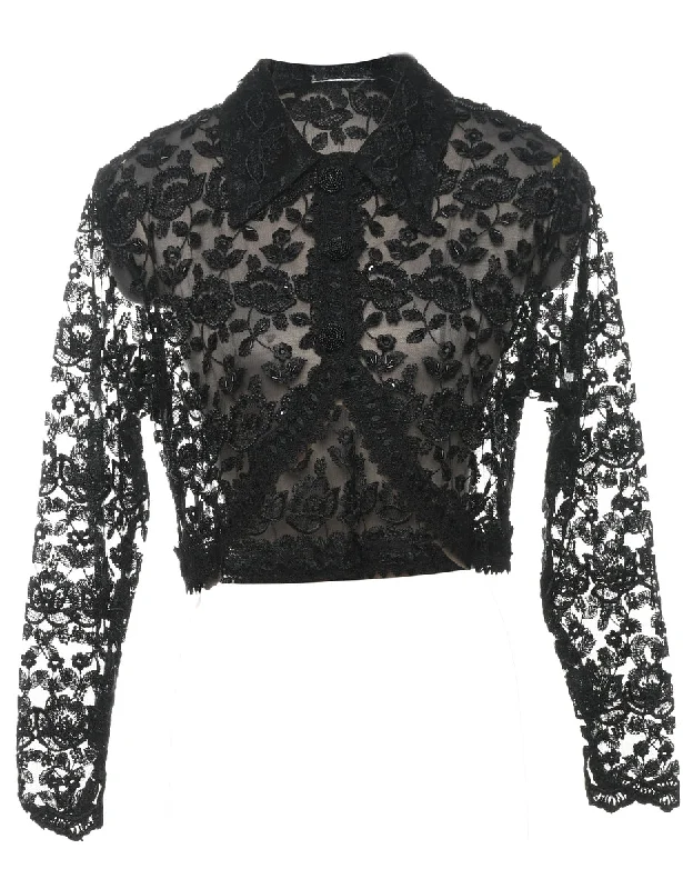 Beaded Black Sheer Floral Evening Jacket - M