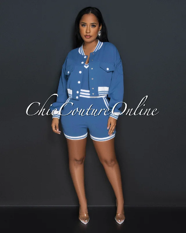 German Blue White Trim Romper w Bomber Jacket Set