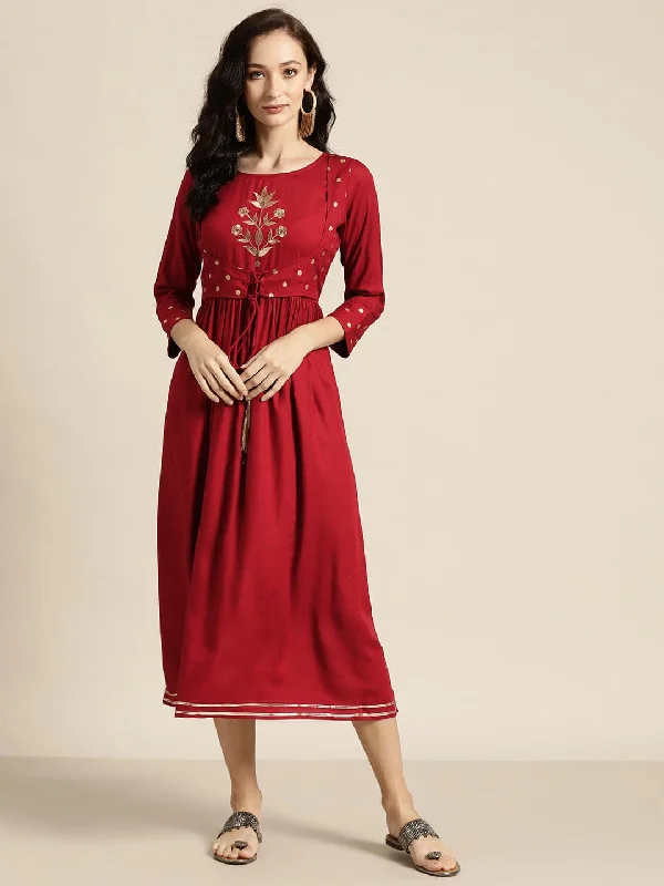 Maroon Foil Print Liva Dress With Jacket