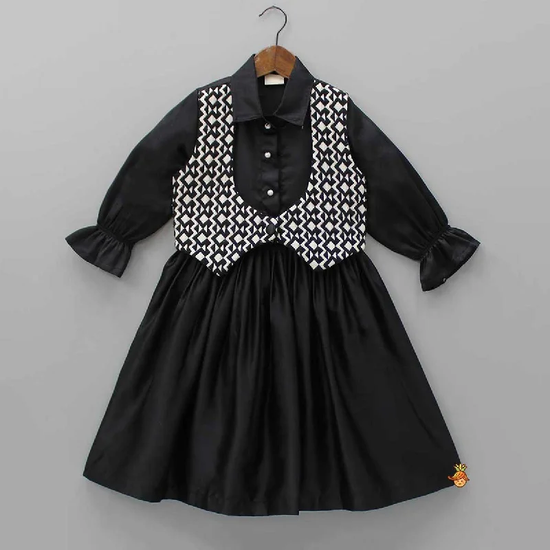 Pre Order: Elegant Black Jacket Style Collar Dress