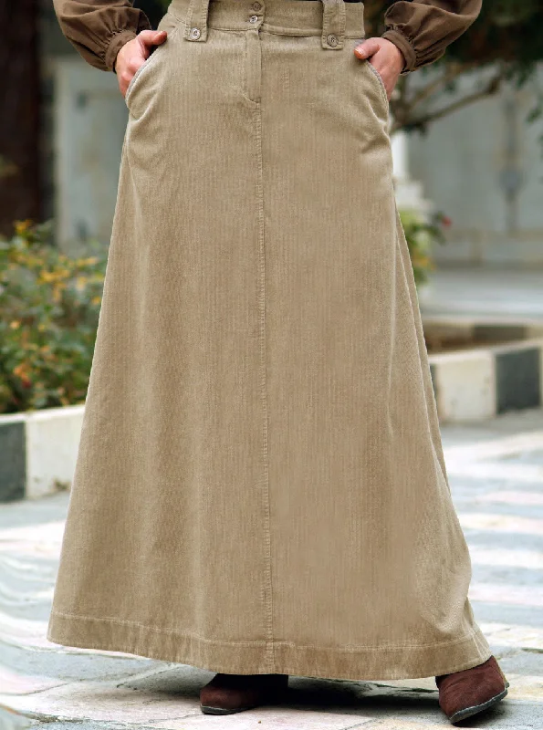 Corduroy A-Line Flared Maxi Skirt button skirt front