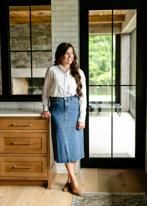 Delaney Medium Wash Denim Midi Skirt high slit skirt