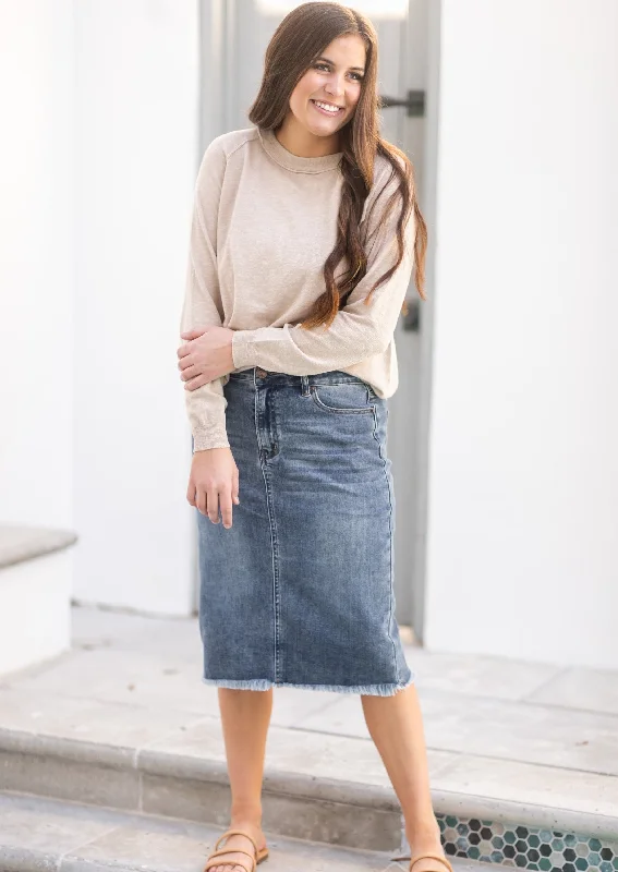 Drew Vintage Wash Raw Hem Midi Denim Skirt - FINAL SALE breathable skirt fabric