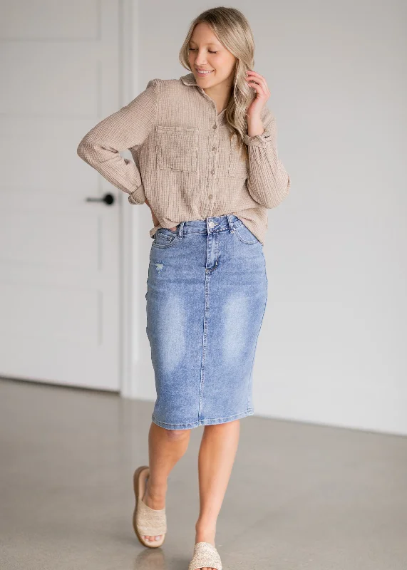 Maelia Distressed Light Wash Midi Skirt - FINAL SALE high waist skirt