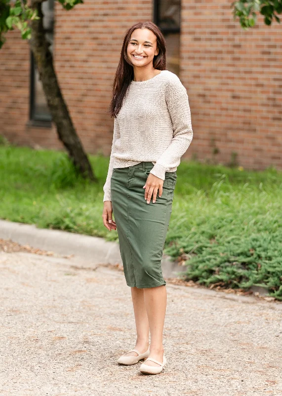 Remi Olive Branch Denim Midi Skirt - FINAL SALE spandex blend skirt