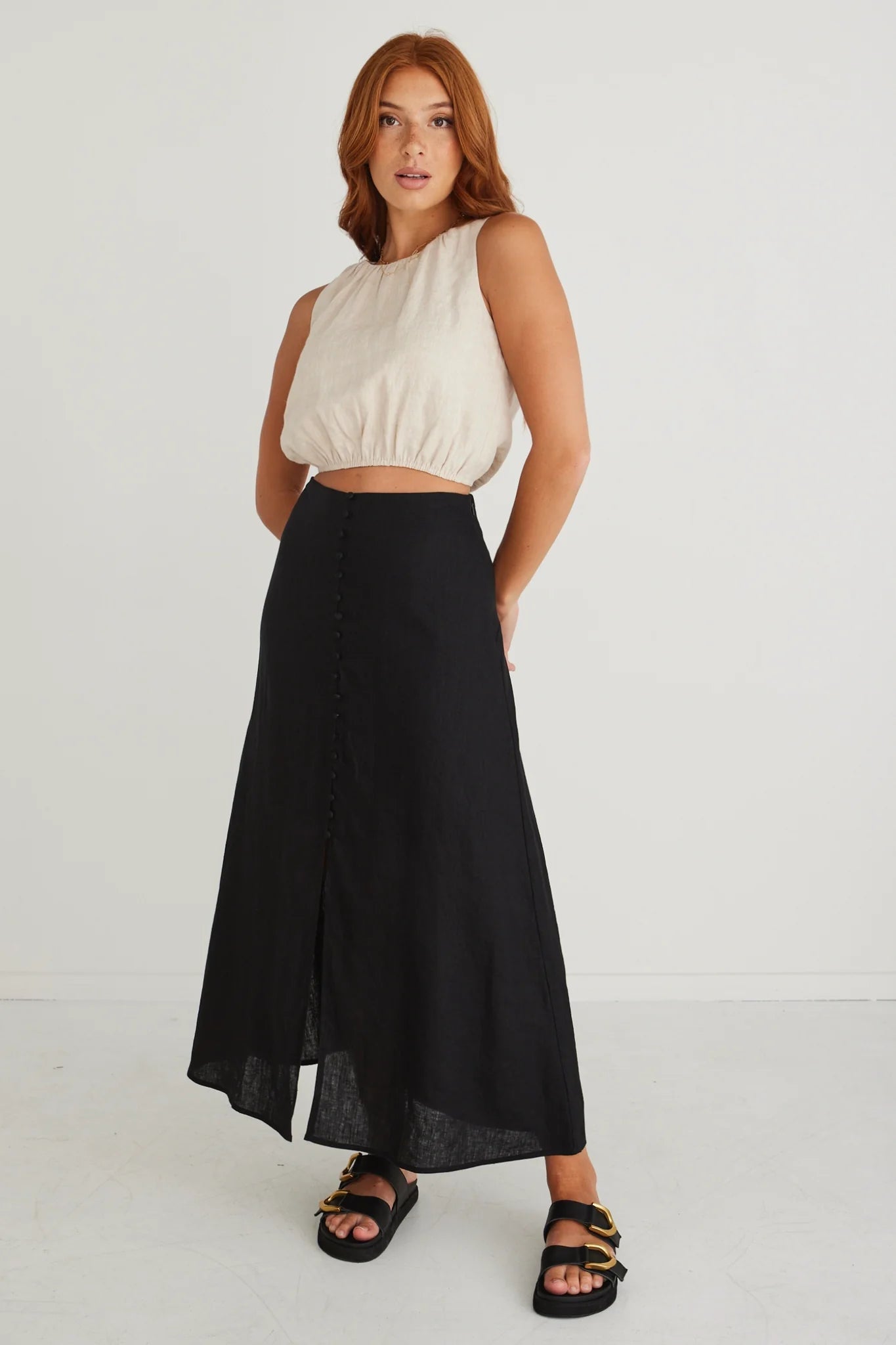 AMONG THE BRAVE - Mercy Linen Button Front Aline Skirt - Black