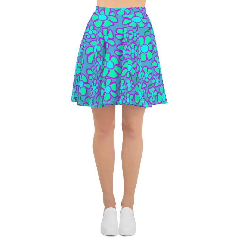 Greenflower Pattern on Blue - AOP Skater Skirt