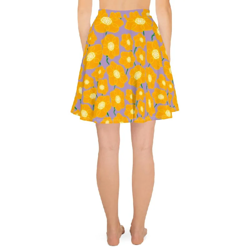 Hippy Orangeflower Pattern on Purple - AOP Skater Skirt