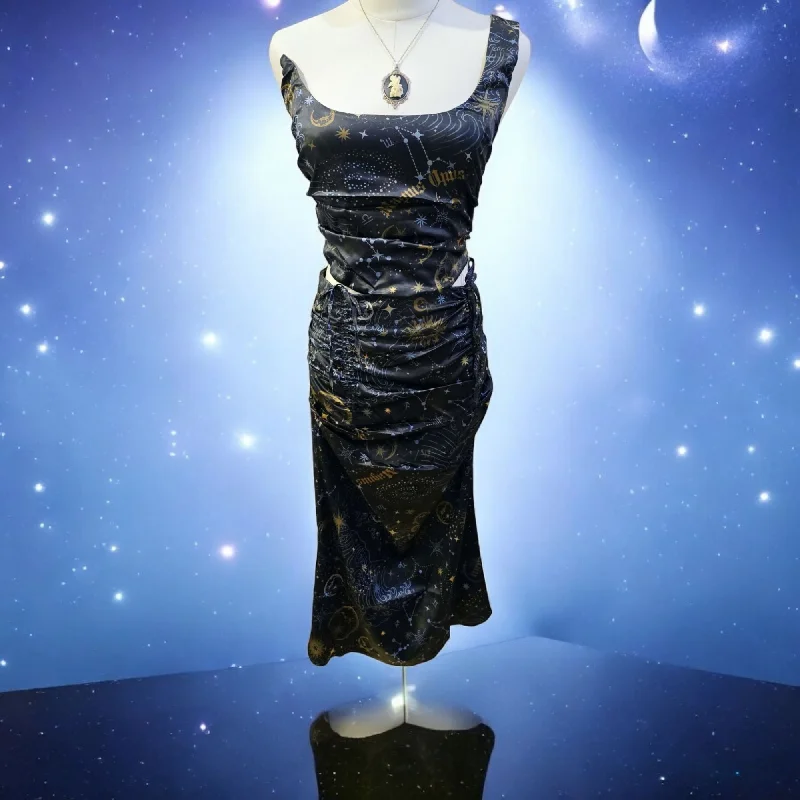 Starry Night Midi Skirt Set One Shoulder Bustier Cinching Side Zips