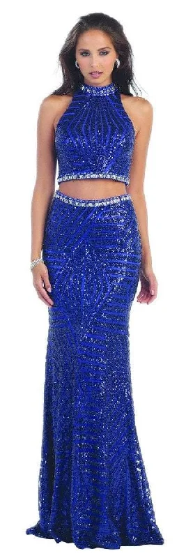 May Queen RQ7338 Halter Fully Sequined Top & Long Skirt