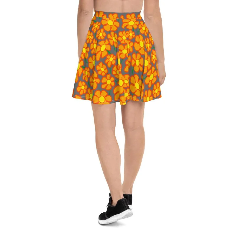 Orangeflower Pattern on Dark Gray - AOP Skater Skirt