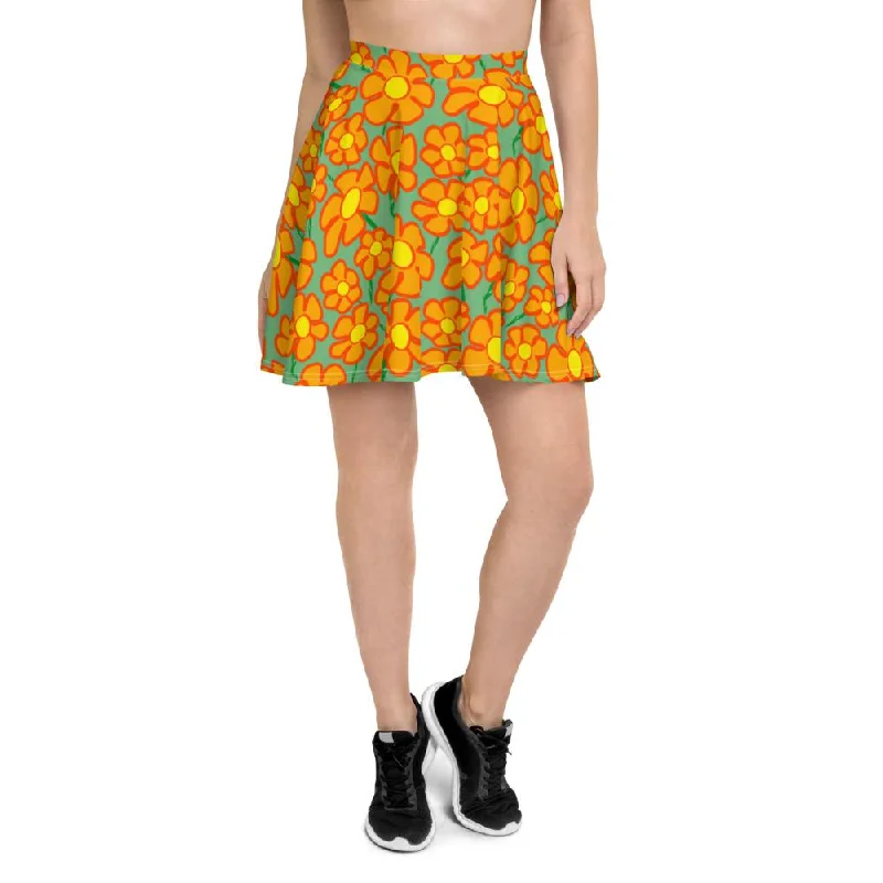 Orangeflower Pattern on Green - AOP Skater Skirt