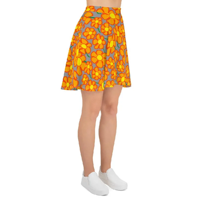 Orangeflower Pattern on Med Gray - AOP Skater Skirt