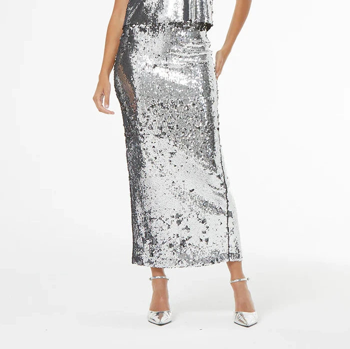 Oxly Two Tone Sequin Skirt | Silver