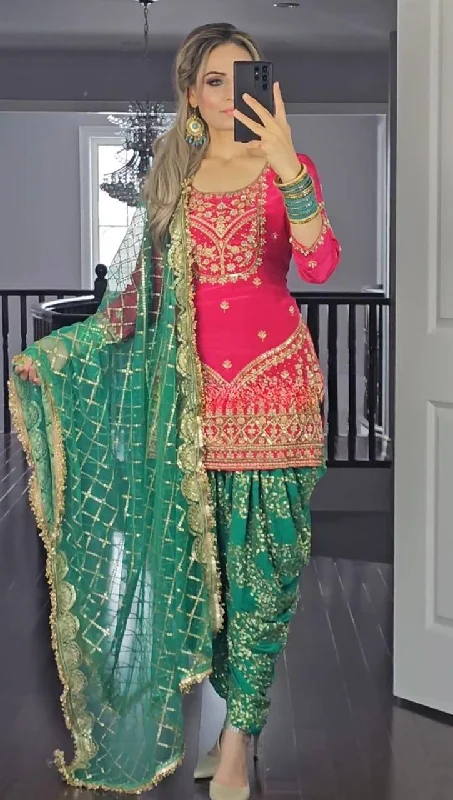 Pink and Green Colour Party Wear Look Top Dhoti Skirt and Dupatta Set