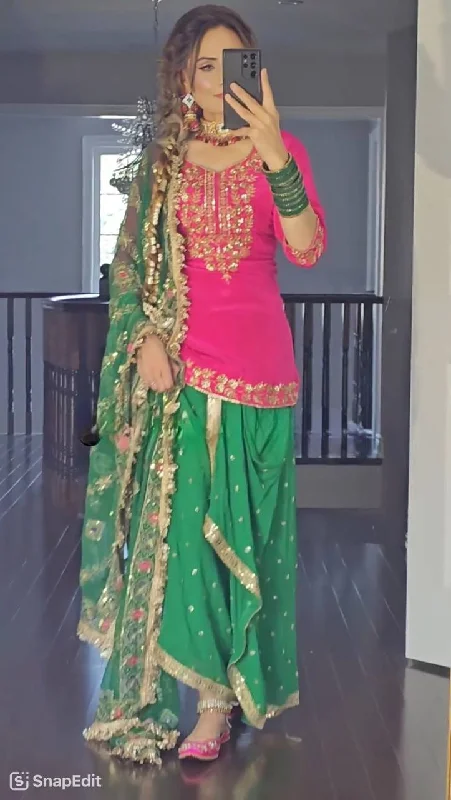 Pink and Green New Designer Party Wear Look Top Dhoti Skirt and Dupatta Set