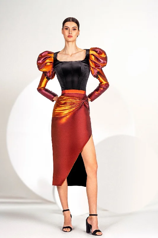 Pleated shoulders top with asymmetrical skirt