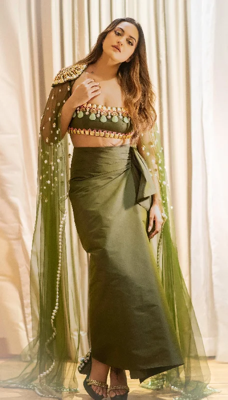 Sonakshi Sinha - MILITARY GREEN EMBELLISHED SKIRT WITH CAPE AND BRALETTE SET