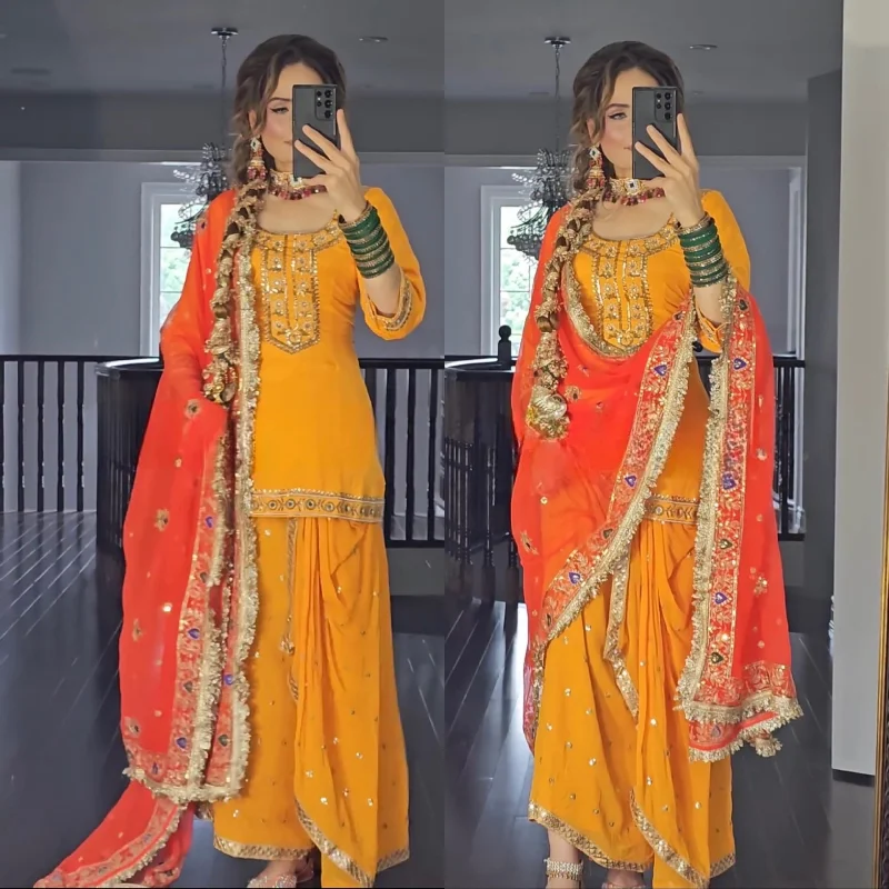 Yellow and Orange Dupatta New Designer Party Wear Look Top Dhoti Skirt and Dupatta Set