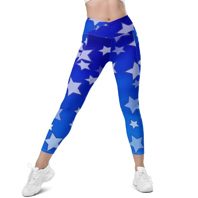 Blue Stars Crossover leggings with pockets, lioness-love.com Chic Printed Yoga Pants Blue Stars Crossover leggings with pockets, lioness-love.com Chic Printed Yoga Pants