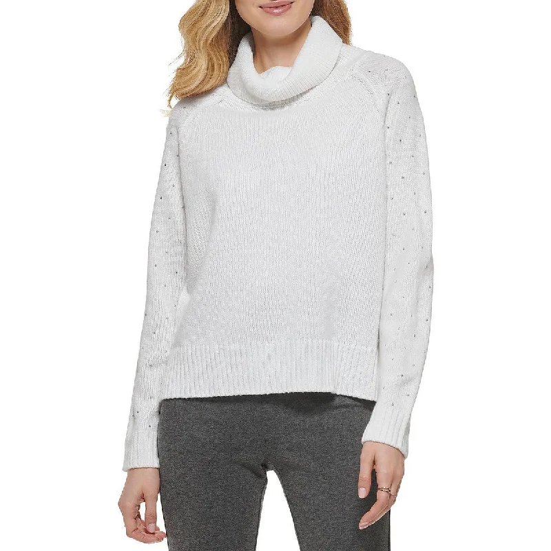 DKNY Womens Knit Studded Turtleneck Sweater Ribbed Striped Patterned