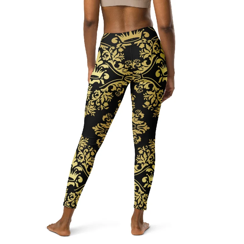 Gold and Black Crown Design Yoga Leggings, lioness-love Fashionable Smooth Fit Leggings Gold and Black Crown Design Yoga Leggings, lioness-love Fashionable Smooth Fit Leggings