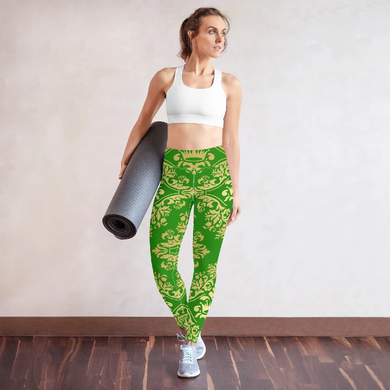 Gold and Green Crown Design Yoga Leggings, lioness-love Fashionable Solid Color Tights Gold and Green Crown Design Yoga Leggings, lioness-love Fashionable Solid Color Tights