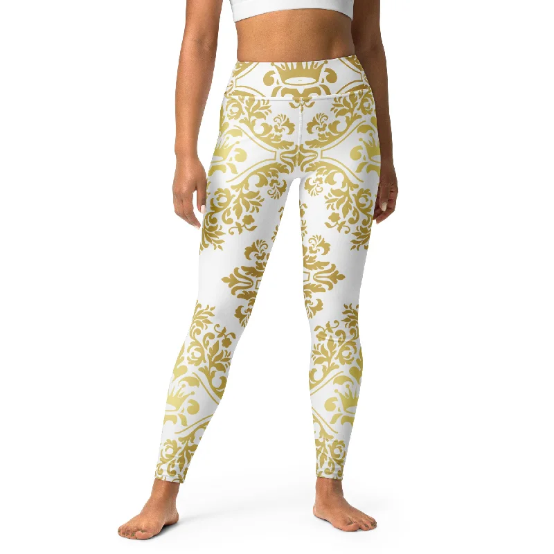 Gold and White Crown Design Yoga Leggings, lioness-love Comfortable Ribbed Waistband Leggings Gold and White Crown Design Yoga Leggings, lioness-love Comfortable Ribbed Waistband Leggings