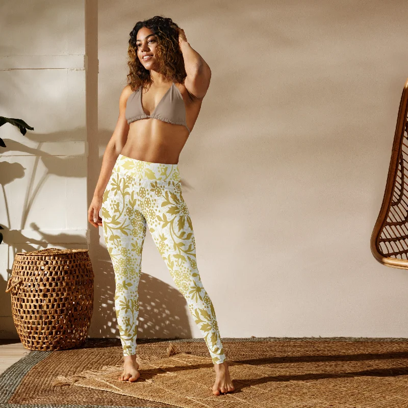 Gold Floral Yoga Leggings, lioness-love Fashionable Solid Color Tights