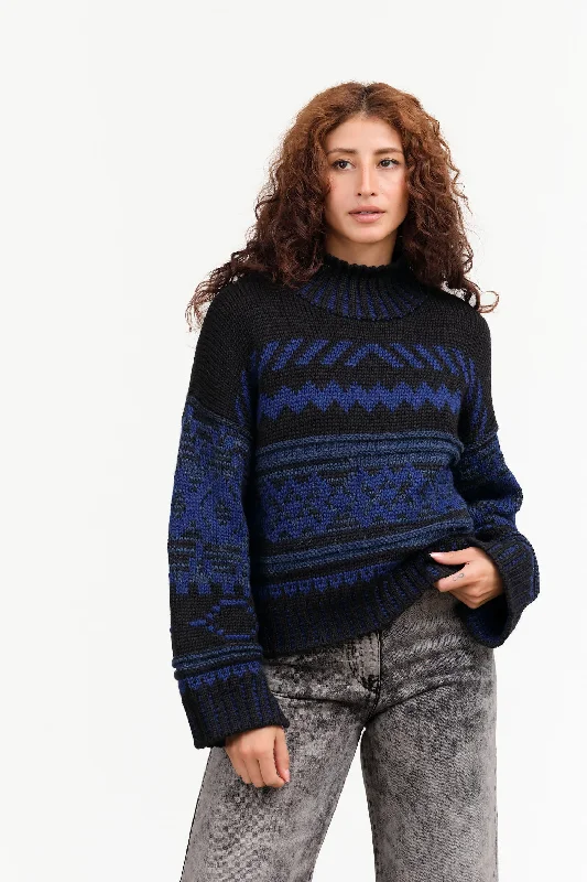Nadia Jacquard Sweater in Black/Blue Mesh Fabric Canvas Fabric Denim Fabric