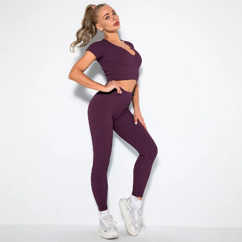 v-shirt+Leggings-purple red