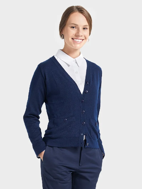 Ladies' 2 Pocket V-Neck Cardigan Sweater - Deep Navy