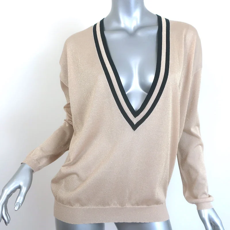 Brunello Cucinelli Metallic Deep V-Neck Sweater Gold Cotton-Blend Size Medium